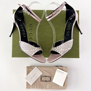 GUCCI | Crystal Embellished GG Ankle Wrap Light Pink High Heel Sandals US 9.5